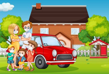 Coronavirus illüstrasyonunu önlemek için maske takan aile ile açık hava sahnesi