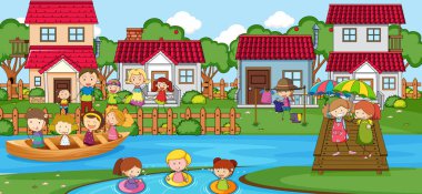 Park illüstrasyonunda oynayan bir sürü çocuğun olduğu açık hava sahnesi