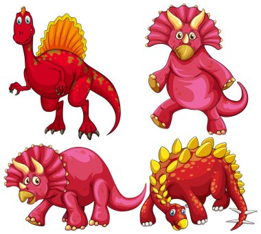 Set of red dinosaur cartoon character illustration clipart