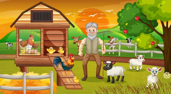 Farm Sunset Time Scene Old Farmer Man Farm Animals Illustration — Stock Vector