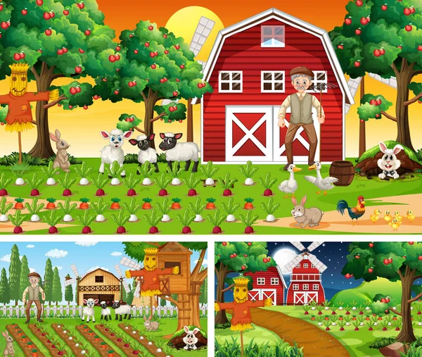 Различные Фермерские Сцены Иллюстрацией Персонажей Мультфильмов Сельскохозяйственных Животных — стоковый вектор