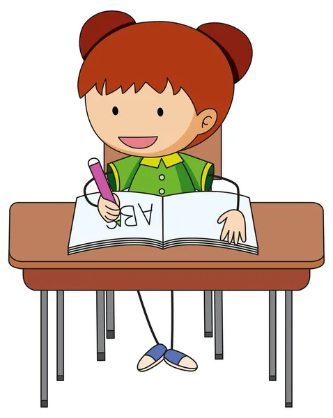 Uma Menina Fazendo Lição Casa Doodle Desenho Animado Personagem Ilustração — Vetor de Stock