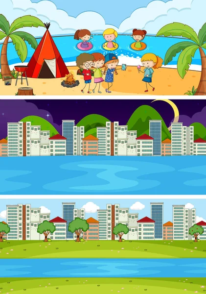 Conjunto Diferentes Cenas Horizonte Fundo Com Doodle Crianças Desenho Animado —  Vetores de Stock