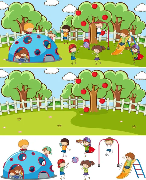 Scena Del Parco Giochi Con Molti Bambini Doodle Personaggio Dei — Vettoriale Stock