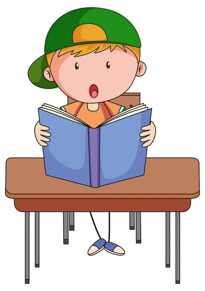 Ein Junge Liest Buch Doodle Zeichentrickfigur Illustration — Stockvektor