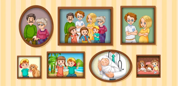 Conjunto Fotos Familiares Felices Ilustración Marco Madera — Vector de stock