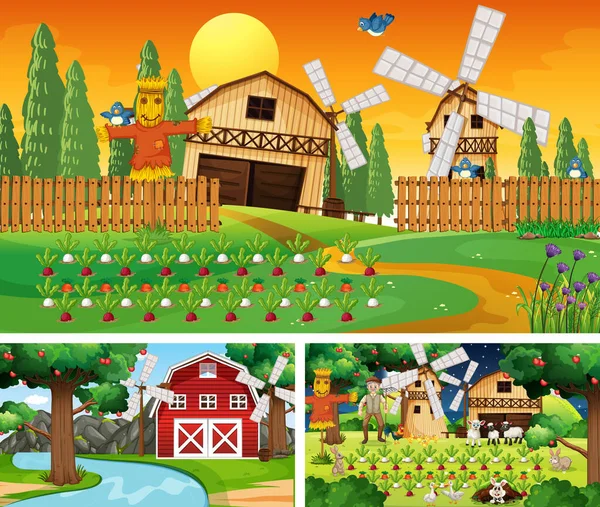 Different Farm Scenes Farm Animals Cartoon Character Illustration — Stock Vector