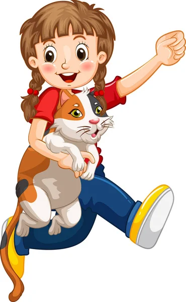 Menina Feliz Personagem Desenho Animado Abraçando Uma Ilustração Gato Bonito — Vetor de Stock