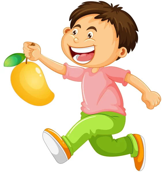 Happy Boy Cartoon Character Holding Mango Illustration — Stock Vector