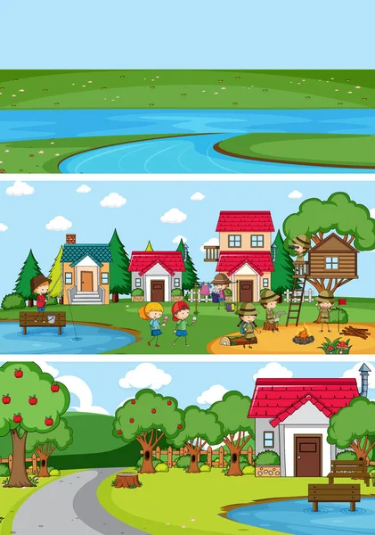 Set Different Horizon Scenes Background Doodle Kids Cartoon Character Illustration — Stock Vector