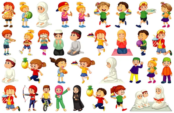 Bambini Che Fanno Diverse Attività Personaggio Dei Cartoni Animati Impostato — Vettoriale Stock
