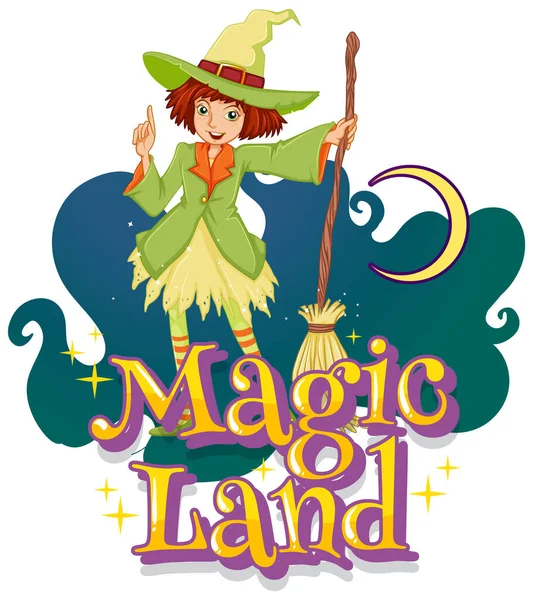 Magic Land Písmo Kresleným Znakem Čarodějnice Ilustrace — Stockový vektor