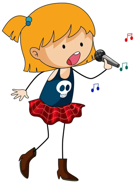 Sängerin Mädchen Singen Doodle Cartoon Figur Isoliert Illustration — Stockvektor