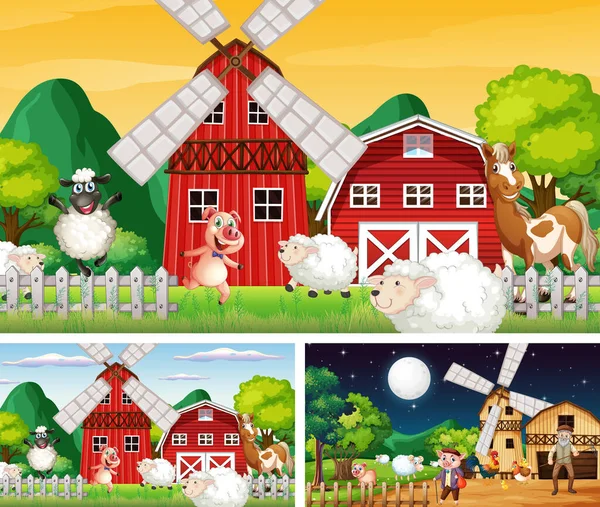 Set Farm Scenes Different Times Illustration — Stock Vector