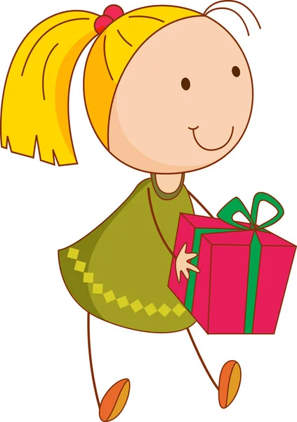 Girl Cartoon Character Holding Gift Box Doodle Style Isolated Illustration — Stock Vector