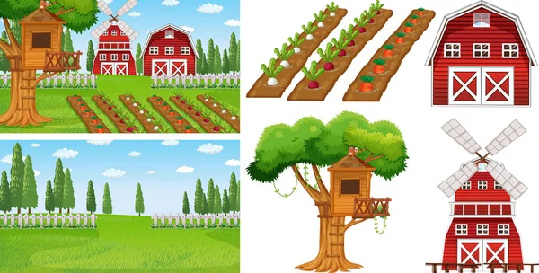 Conjunto Elementos Agrícolas Aislados Con Ilustración Escena Granja — Vector de stock