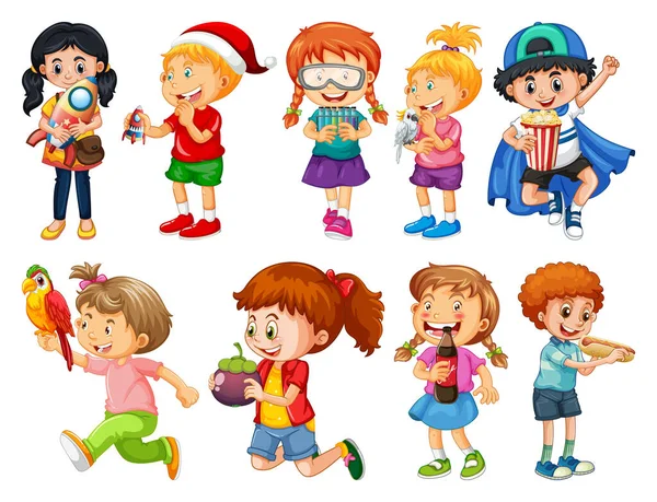 Conjunto Diferentes Niños Jugando Con Sus Juguetes Personaje Dibujos Animados — Vector de stock