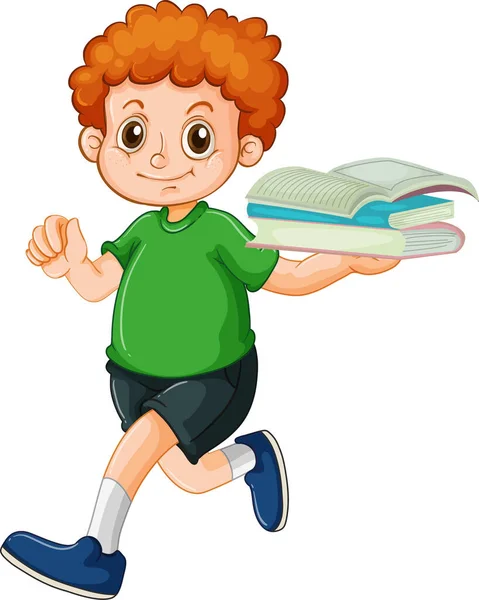 Happy Boy Cartoon Karakter Met Veel Boeken Illustratie — Stockvector