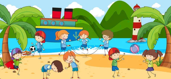 Scène Plage Avec Nombreux Enfants Gribouiller Illustration Personnage Dessin Animé — Image vectorielle