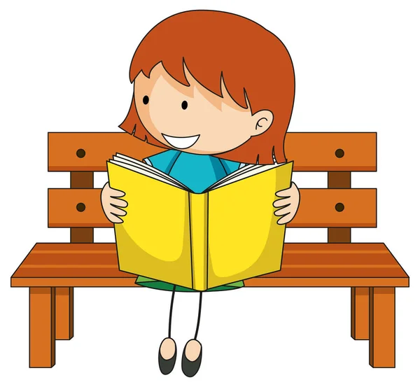 Aranyos Lány Olvasás Könyv Firka Rajzfilm Karakter Illusztráció — Stock Vector