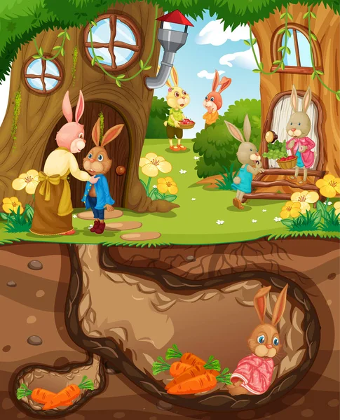 Trou Souterrain Lapin Avec Surface Sol Illustration Scène Jardin — Image vectorielle