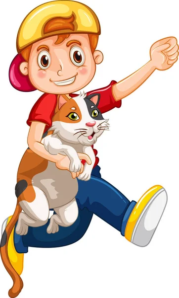 かわいい猫のイラストを抱きしめる幸せな男の子漫画のキャラクター — ストックベクタ