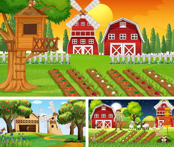 Berbeda Adegan Pertanian Dengan Petani Tua Dan Kartun Hewan Karakter - Stok Vektor
