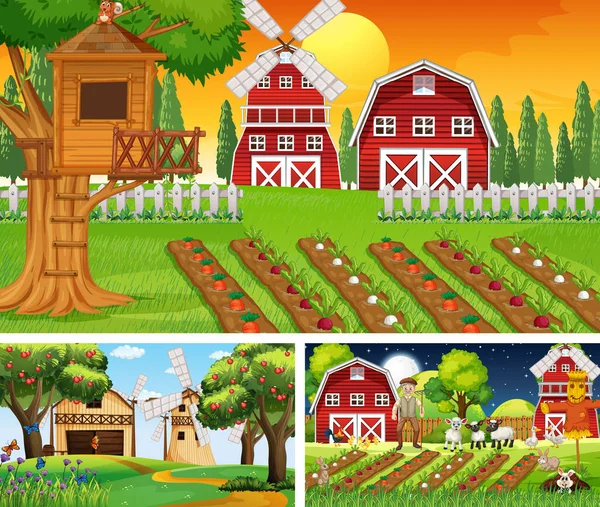 Different Farm Scenes Old Farmer Animal Cartoon Character Illustration — Stock Vector