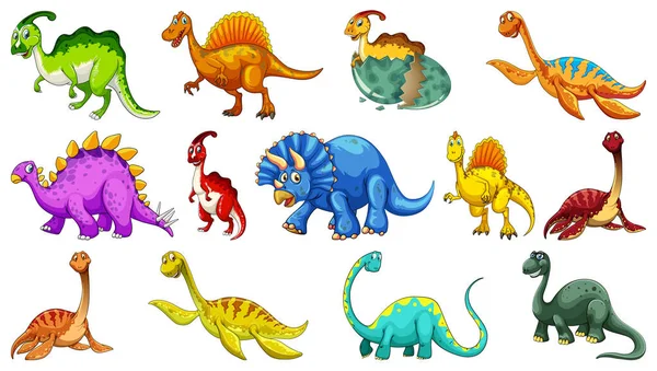 Diferentes Dinosaurios Personaje Dibujos Animados Dragones Fantasía Ilustración Aislada — Archivo Imágenes Vectoriales