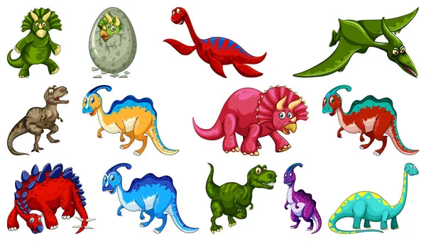 Διαφορετικοί Δεινόσαυροι Χαρακτήρα Κινουμένων Σχεδίων Και Φαντασία Δράκοι Απομονωμένη Εικόνα — Διανυσματικό Αρχείο