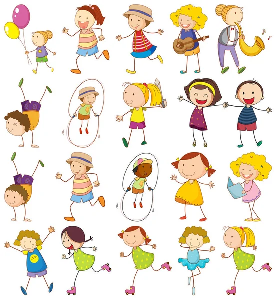 Set Diversi Bambini Illustrazione Stile Doodle — Vettoriale Stock