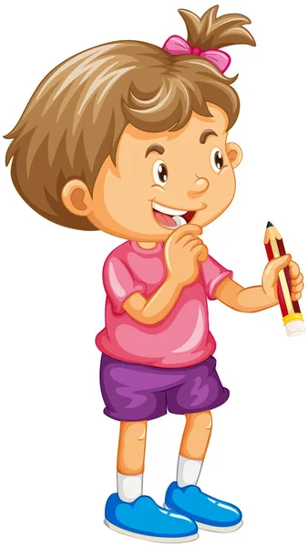 Μικρό Κορίτσι Χαρακτήρα Κινουμένων Σχεδίων Κρατώντας Ένα Μολύβι Εικονογράφηση — Διανυσματικό Αρχείο