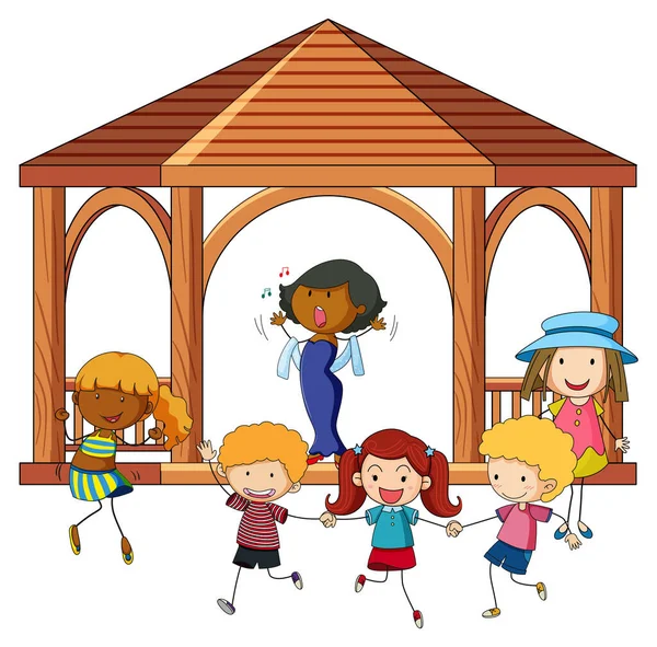 Many Kids Doing Different Activities Gazebo Illustration — Stock Vector