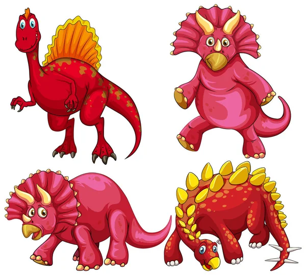 Set Illustrazione Del Personaggio Dei Cartoni Animati Dinosauro Rosso — Vettoriale Stock