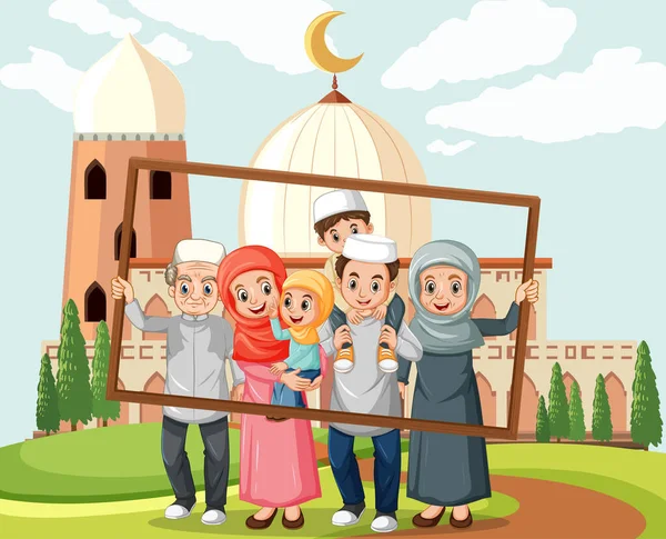 Happy Family Holding Photo Frame Mosque Background Illustration — Stock Vector