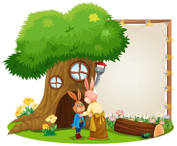 Pusty Sztandar Ogrodzie Cute Króliki Izolowane Ilustracja — Wektor stockowy