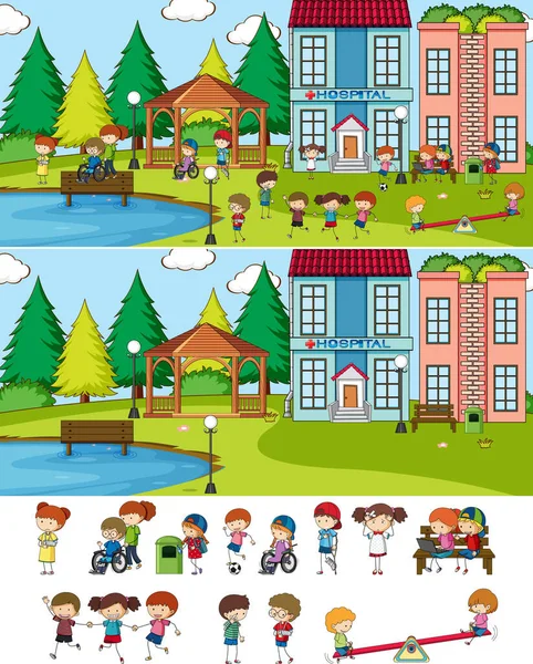 Conjunto Diferentes Cenas Horizontais Fundo Com Doodle Crianças Desenho Animado —  Vetores de Stock