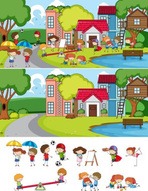 Park sahnesinde bir sürü çocuk çizgi film karakteri karalamış.