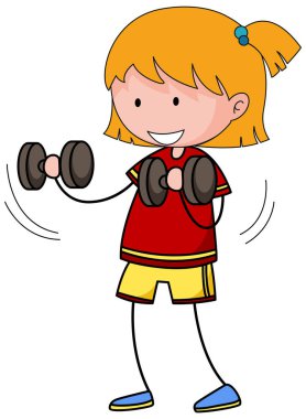 Ağırlık egzersizi yapan küçük kız çizgi film karakteri çizimi
