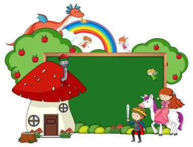 Peri masalı karakteri ve izole edilmiş elementlerle dolu boş karatahta afişi