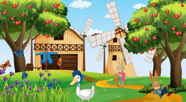 Bauernhof Tag Szene Mit Kaninchen Und Ente Zeichentrickfigur Illustration — Stockvektor