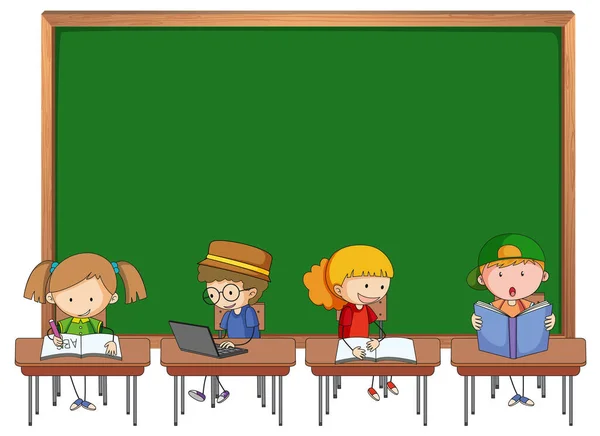 Empty Blackboard Many Kids Doodle Cartoon Character Isolated Illustration — Stock Vector