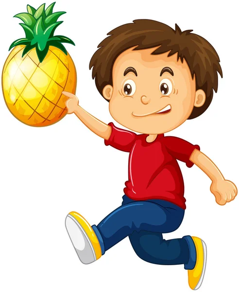 一个拿着菠萝卡通人物的男孩被白色背景图解隔开了 — 图库矢量图片