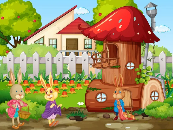 带有许多兔子卡通人物插图的花园场景 — 图库矢量图片