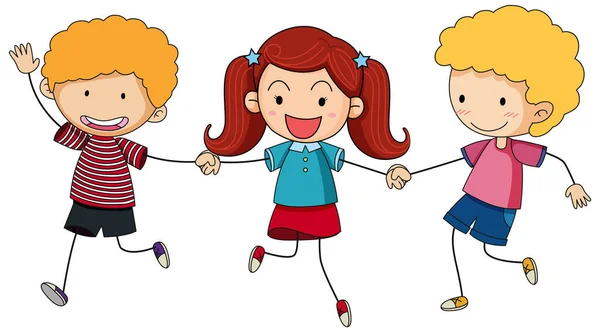 Três Crianças Segurando Mãos Desenho Animado Personagem Mão Desenhado Doodle — Vetor de Stock