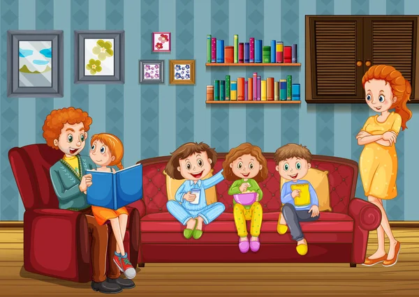 Familia Feliz Sala Estar Escena Ilustración — Archivo Imágenes Vectoriales