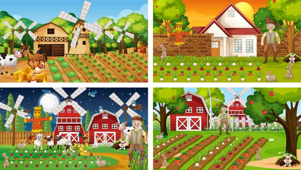 Diferentes Escenas Granja Con Ilustración Personajes Dibujos Animados Antiguos Agricultores — Archivo Imágenes Vectoriales