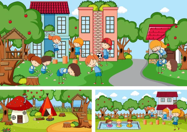 Set Van Verschillende Horizontale Scènes Met Doodle Kinderen Cartoon Karakter Vectorbeelden