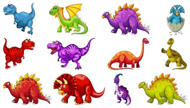 Farklı dinozorlar çizgi film karakteri ve fantezi ejderhaları...