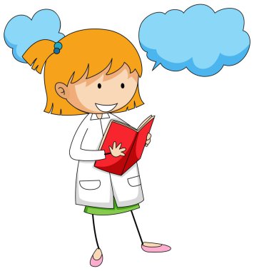 Çizgi film karakteri çizimleri okuyan tatlı bir kız.